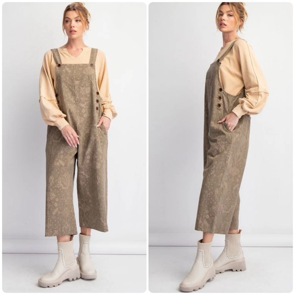 easel Pants - NWT Easel Mocha Ethnic Printed Twill Overall Jumpsuit Overalls‎ Size L Boho